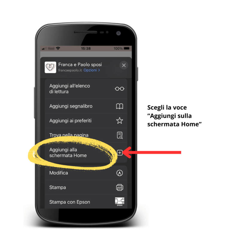 Schermata sullo ssmartphone: Aggiungi alla home